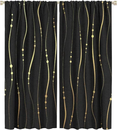 Vista 12 de Cortinas Negras con Dobladillo Dorado, Cortinas Opacas con Bolsillo para Barra con Estampado de Rayas de Foil en Onda Dorada para Decoración de Negro
