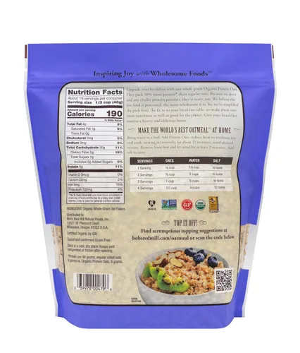 Vista 3 de Bob's Red Mill Avena de Proteína Orgánica Sin Gluten, 32oz (Paquete de 1) - 9g/Porción, Sin OMG, Grano Entero, Proteína a Base de Plantas, Vegano