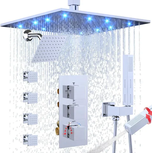 Vista 11 de Enga Juego de grifo de ducha termostático, cabezal de ducha LED de 12 pulgadas con cabezal de ducha doble de 6 pulgadas, juego de grifo de ducha
