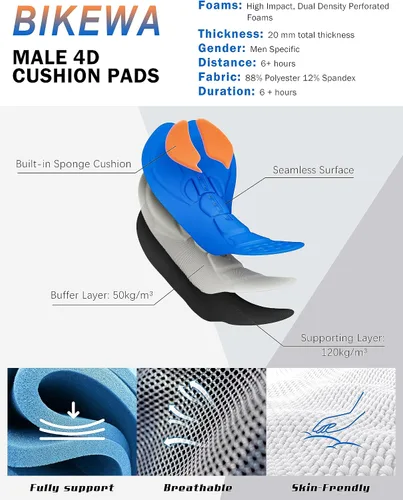 Vista 4 de Bikewa Pantalones cortos de ciclismo para hombre, con acolchado 4D, para ciclismo de carretera, con bolsillos con cremallera