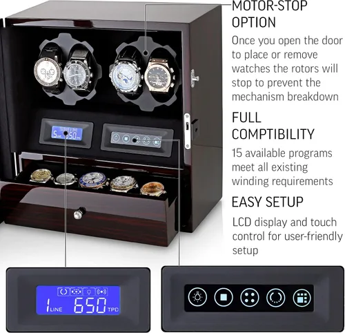 Vista 5 de 4 Watch Winder with 5 Watch Storage Space, LCD Display, Touch Control and Interior Light