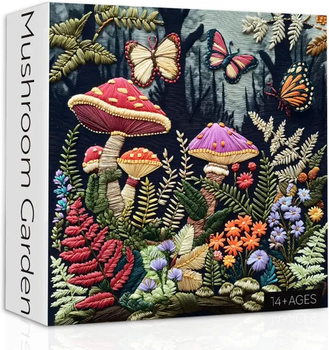 Vista 2 de Rompecabezas de jardín de hongos para adultos de 1000 piezas, rompecabezas de mariposa de hongos del bosque, rompecabezas de flores, naturaleza