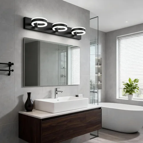 Vista 2 de Lámparas LED de baño, luces negras de tocador de 24 pulgadas, modernos apliques de pared acrílicos de 3 luces, accesorio de iluminación de pared