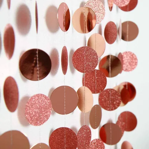 Vista 7 de Decoraciones de fiesta con purpurina de oro rosa colgante, serpentina circular, puntos, guirnalda de puntos de papel, banderines, banderines, telón
