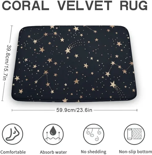 Vista 3 de Felpudo dorado Cosmos, diseño de constelación cósmica, tapete negro con estrellas brillantes, divertido tapete para decoración del hogar, tapete