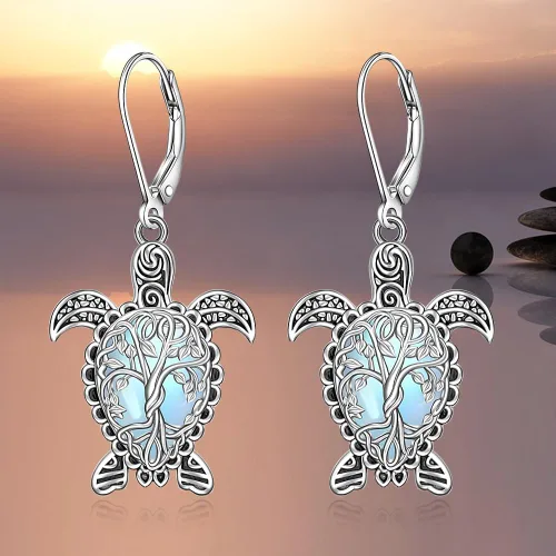 Vista 9 de Aretes de gato con piedra lunar, árbol de la vida, tortuga, colibrí, aretes para mujer, plata de ley, dragón y mariposa, colgantes, regalos