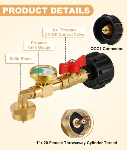 Vista 2 de WADEO Adaptador de recarga de propano con válvula y medidor, llena botellas de 1 lb desde tanque de propano de 20 lb, diseño de codo de 90 grados
