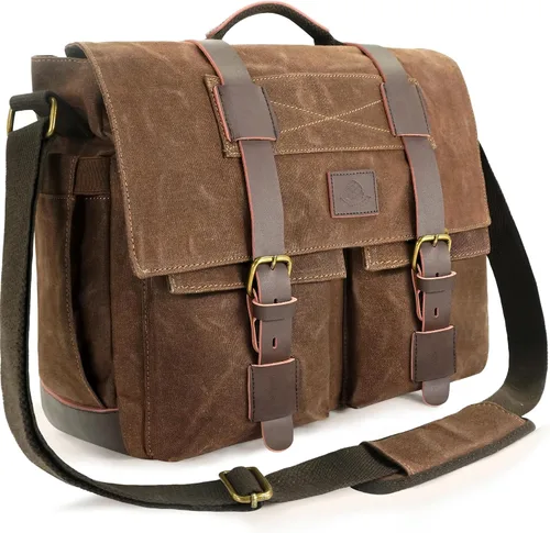 Vista 10 de Bolsa tipo mensajero para hombre, bolsa para laptop de 15.6 pulgadas, bolsa vintage de lona encerada, resistente al agua, maletín de cuero