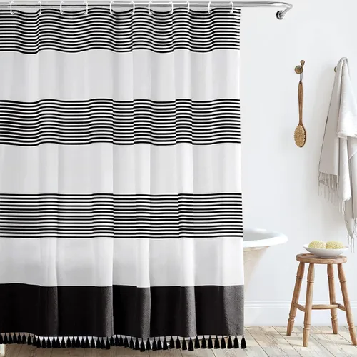 Vista 9 de bufftieo Cortina de ducha en blanco y negro para baño con diseño bohemia a rayas, cortina de ducha de tela moderna con borlas estilo granjero - 54