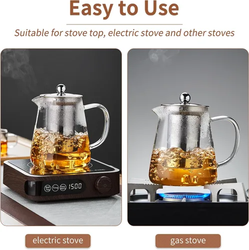 Vista 5 de Tetera de vidrio de 32.1 fl oz, hervidor de té de vidrio de borosilicato con infusor de acero inoxidable desmontable, tetera transparente para té