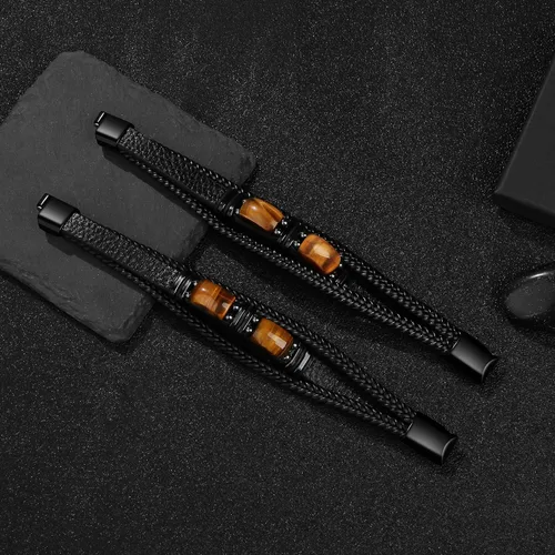 Vista 6 de Mens Leather Bracelets for Him Son Birthday Gift for Boyfriend Husband Brother Father's Day Gifts for Dad To My Men Bracelet with 2 Tiger Eyes for