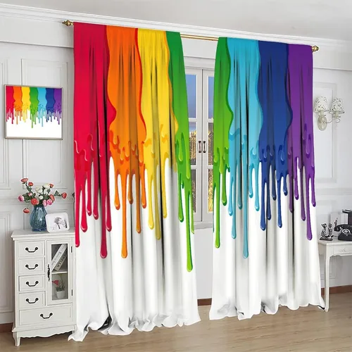 Vista 4 de Cortinas opacas abstractas de arco iris, pintura de color arcoíris con gotas, diseño gráfico creativo con bolsillo para barra, para sala de estar