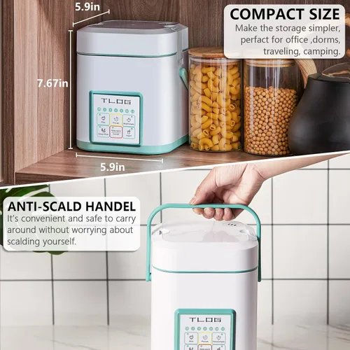 Vista 3 de TLOG Mini olla arrocera de 2.5 tazas sin cocinar, máquina de arroz portátil con revestimiento de cerámica saludable, olla de arroz de viaje de 1.2L
