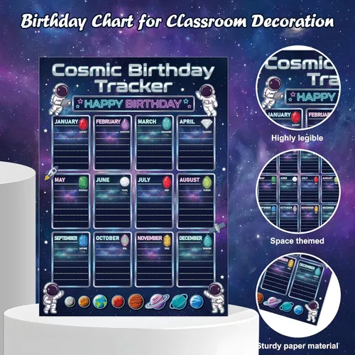 Vista 6 de WhatSign Calendario de cumpleaños para el aula, póster de tabla de cumpleaños de 12 x 16 pulgadas con piedras de nacimiento, sistema solar