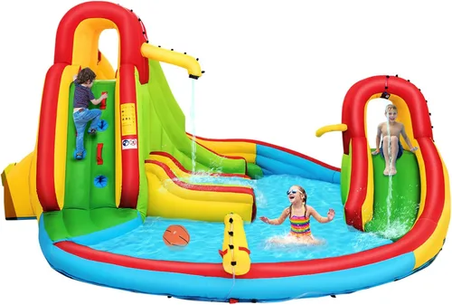 Vista 10 de KOTEK Tobogán acuático inflable, tobogán acuático 8 en 1 con 2 toboganes, 2 paredes de escalada, piscina y cañón de agua, toboganes acuáticos