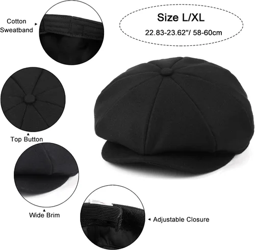 Vista 5 de CHIC DIARY Hombres Lana Mezcla Newsboy Cap Classic Black Flat Cabbie