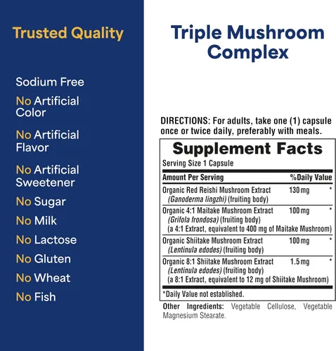 Vista 6 de Puritan's Pride Complejo triple de hongos, extractos de reishi, maitake y shiitake, extractos de hongos orgánicos, 60 cpasules vegetarianos