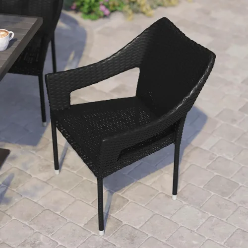 Vista 6 de BizChair Silla de patio de grado comercial, silla de comedor apilable de mimbre de ratán PE para todo tipo de clima, negro
