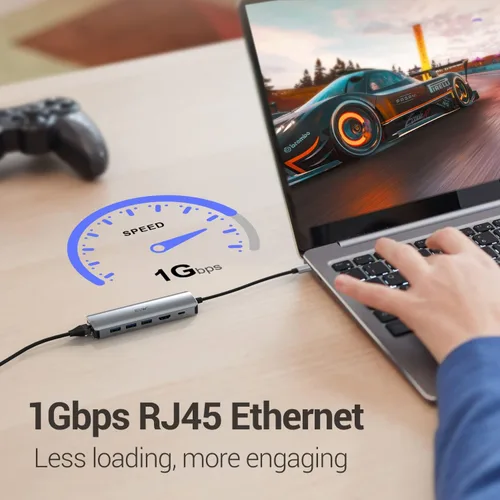 Vista 3 de Hub USB C, adaptador multipuerto USB C de JESWO con RJ45 Ethernet, 4K HDMI, 100 W PD, 3 puertos USB 3.0, base tipo C para laptop Thunderbolt 3