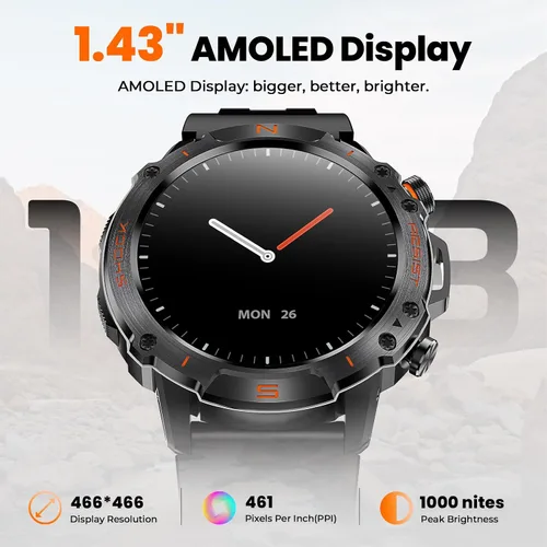 Vista 8 de WalkerFit Reloj inteligente para hombres, pantalla AMOLED redonda de 1.43", 5 ATM resistente al agua, monitor de frecuencia cardíaca y sueño
