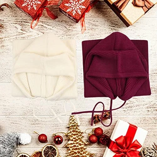 Vista 9 de Facecozy Sombreros de invierno para mujer, gorro de bufanda con capucha para mujer, pasamontañas de punto, gorro con cordón