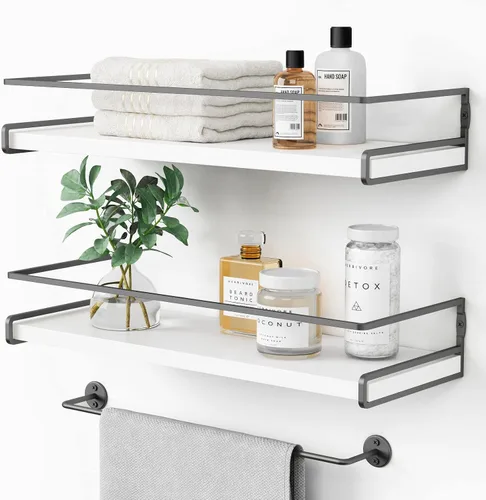 Vista 15 de Forbena - Estantes flotantes de baño montados en la pared, estantes blancos y dorados estéticos para accesorios de baño, organizador de baño moderno