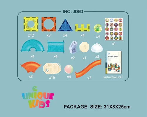 Vista 3 de UNIQUE KIDS Bloques de construcción de azulejos magnéticos con carrera de mármol iluminada y bola LED, juguetes STEM STEAM para niños de 3 a 10 años