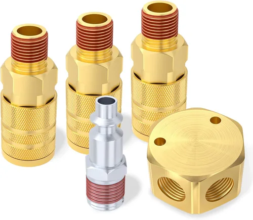 Vista 7 de TAISHER 2Pcs 3-Way 1/4 Inch NPT Hex Style Air Manifold with 3 Pieces Brass Industrial Coupler and Plug, Air Compressor Hose Accessories Quick