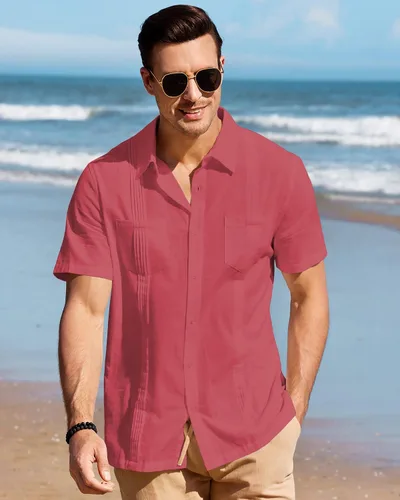 Vista 2 de Guayabera - Camisas para hombre, estilo cubano, camisas de lino con botones para hombre