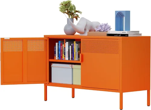 Vista 80 de Gabinete de almacenamiento de metal ancho negro, gabinete de acento de 2 puertas para el hogar y la oficina, gabinete de metal bajo de 2 niveles