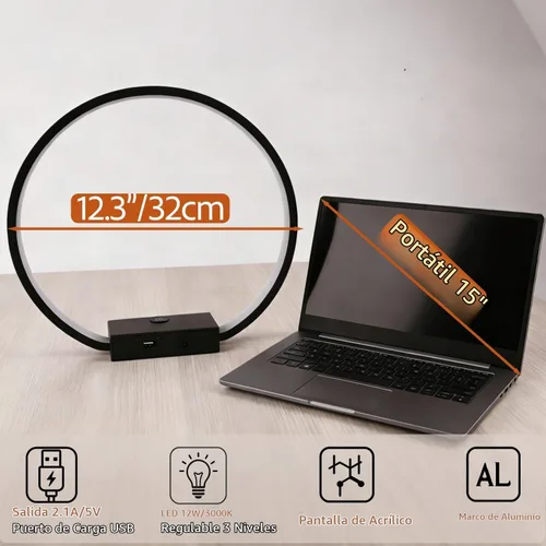 Vista 3 de Lámpara de mesa LED circular con control táctil, regulable de 3 vías, lámpara de mesita de noche con puerto USB, lámparas de mesa modernas, 12 W