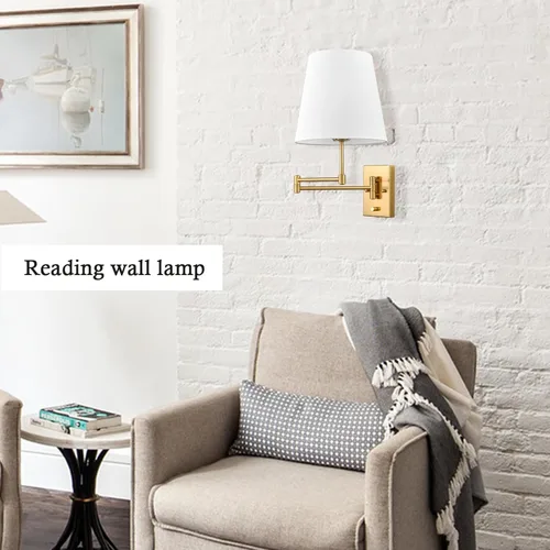 Vista 2 de HYDELITE Lámpara de pared dorada con brazo oscilante, apliques de pared de latón con pantalla de lino, accesorios de pared enchufables o cableados