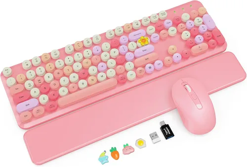 Vista 17 de Combo de teclado y mouse inalámbricos con reposamuñecas magnético, teclas redondas, teclado retro de tamaño completo, patas inclinables de dos Azul