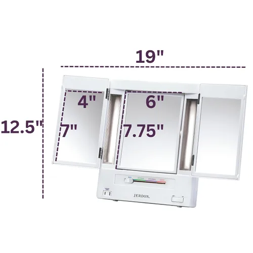 Vista 7 de JERDON Espejo de maquillaje de dos caras de tres pliegues con luces, espejo de tocador con aumento 5X-1X y múltiples ajustes de luz, color blanco