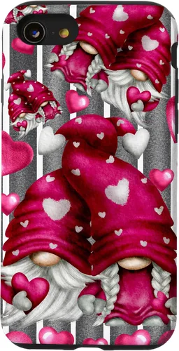 Vista 18 de Pink Heart Pattern On Grey Striped Decor Valentine Gnome Case for iPhone 17