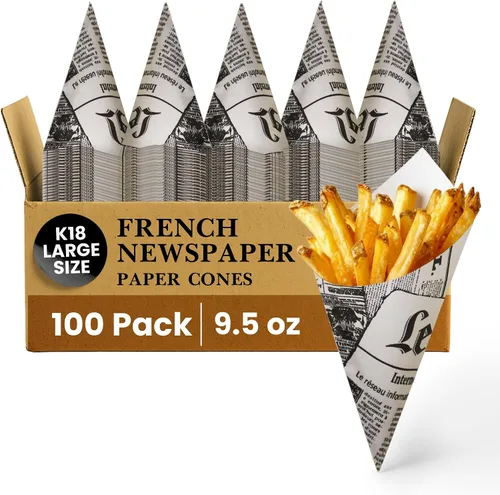 Vista 22 de Friteshop LeMende - Conos de papel de periódico francés – Vasos desechables para servir aperitivos – K13, 4.5 oz Mini Snacks – 100 unidades Le