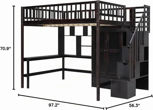 Vista 2 de Harper & Bright Designs Cama tipo loft de tamaño matrimonial con escritorio, marco de cama tipo loft de madera con armario, estantería y cajones