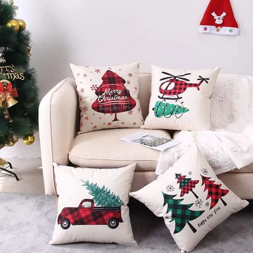 Vista 6 de Juego de 4 fundas de almohada navideñas a cuadros de búfalo de 18 x 18 pulgadas, decoración de almohada de lino y algodón rojo beige para decoración