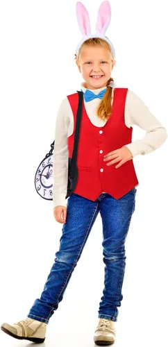 Vista 6 de Keymall Kit de accesorios de disfraz de conejo blanco de Pascua para niños, 4 piezas, diadema de conejo, chaleco, corbatín, accesorios para Pascua
