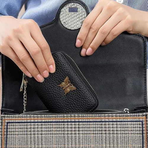 Vista 9 de imeetu Portatarjetas de crédito RFID para mujer, pequeña cartera de cuero con cremallera con llavero extraíble, púrpura café, S, Cartera