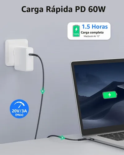 Vista 3 de SUNGUY USB C a USB C de 1.5 pies [2 paquetes], cable USB C de 60 W PD de Cable de carga tipo C compatible con iPhone 17/16/15 Series, Samsung Galaxy