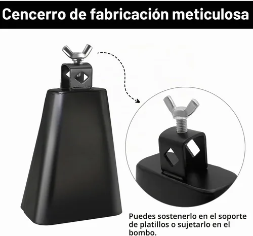 Vista 2 de Instrumento de cencerro de acero de 4 pulgadas con palo Música Campana de vaca fabricantes de ruido Metal Musical mano Percusión Negro Vaca