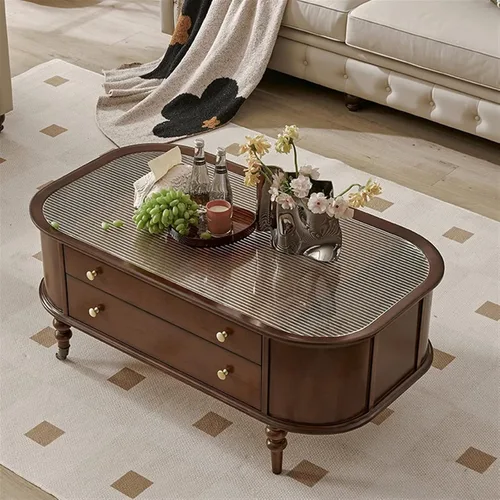 Vista 8 de Mesa auxiliar para sala de estar, mesa auxiliar de madera retro con parte superior de cristal temporal, mesa central rectangular con 2 cajones