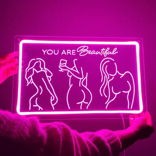 Vista 5 de Britrio Señal de neón con texto en inglés "Lady Back", decoración artística de pared de neón rosa con texto en inglés «You Are Beautiful», luz