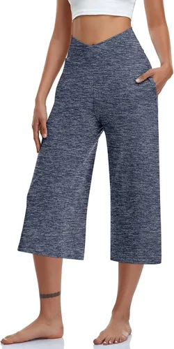 Vista 2 de TARSE - Pantalones capri de pierna ancha para mujer, pantalones de yoga casuales, cruzados, de cintura alta, sueltos, suaves, con bolsillos