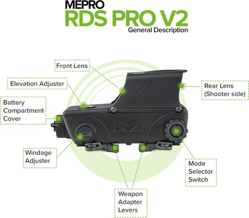 Vista 3 de MEPROLIGHT® MEPRO RDS PRO V2 Mil-Spec - Mira electro óptica de punto rojo, retícula de diana roja de 2.2 MOA, brillo de retícula de 16, Picatinny