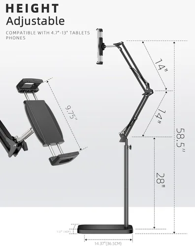 Vista 4 de BluuSuuk Soporte de suelo para tablet con base estable de 11 libras, soporte giratorio de brazo elástico de altura ajustable, compatible con iPad