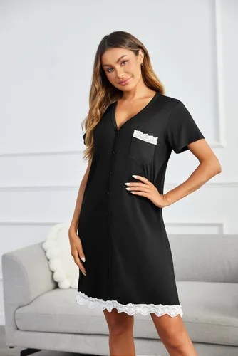 Vista 2 de Ekouaer Camisones a rayas con botones para mujer, camisones de manga corta
