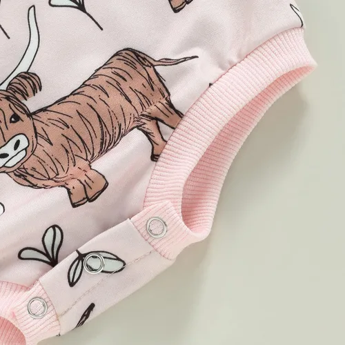 Vista 6 de Ropa occidental para bebé, niño, niña, sudadera con estampado de vaca de las tierras altas, mameluco de burbujas, traje de vaquero para bebé