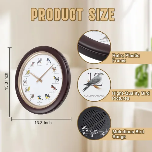 Vista 3 de Reloj de pared de pájaro cantante con canciones reales de pájaros de 13.3 pulgadas, movimiento silencioso sin tictac, reloj decorativo de animales